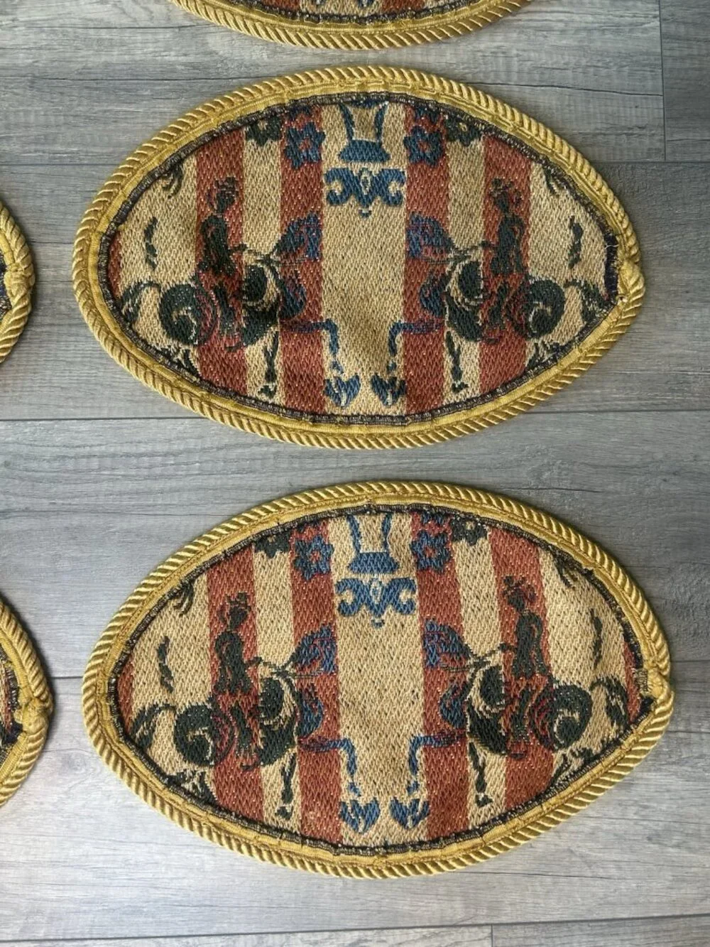 Set 6 Equestrian Horse Tapestry Oval Placemats Gold Cord English Country Vintage